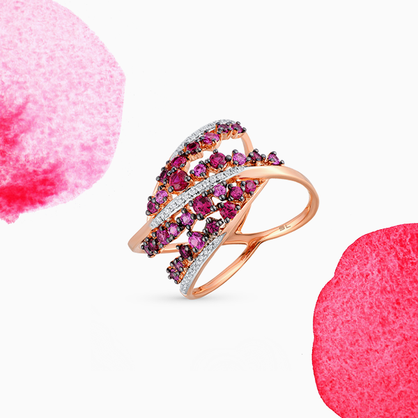 Кольцо SL из коллекции «Цветной водопад», розовое золото, рубины, бриллианты