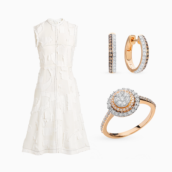 Одежда белого цвета + украшения из золота с бриллиантами